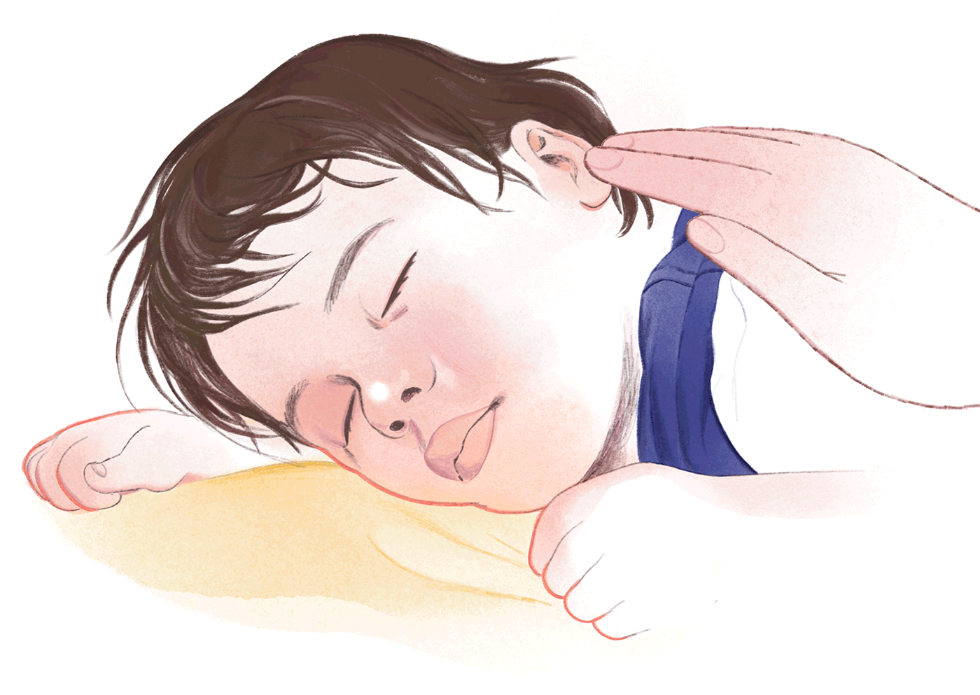 A mother pets the back of her sleeping child.